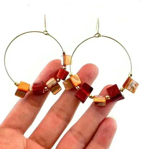 Orange Mother of Pearl Seashell Round Hoop Earrings Dangle Natural Cut - Picture 1 of 12